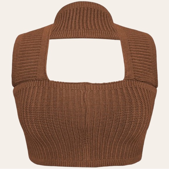 Womens|Knit Halter Crop Top|Brown|Large L|Medium M|Stretch|Sleeveless - Picture 5 of 9